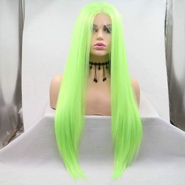 Fluorescent Green Drag Queen Fish ion Yellow Chalk Pen Synthetic Lace Wig 24"