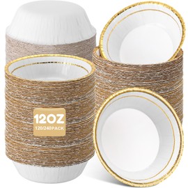 Newtay 120 Pcs 12oz Paper Bowls With Gold Rim, Disposable Paper Bowls For Snacks, Dessert. Soak Proof and Cut Proof Heavy Duty Gold Rim Disposable Bowls for Birthday Weddings Parties