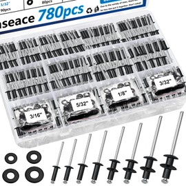 smseace 780Pcs Black Pop Rivets with Washer Assortment Kit 14-Sizes SAE Aluminum Rivets(3/32inch 1/8inch 5/32inch 3/16inch 1/4inch) Black Rivets Set for Metal, Furniture, Automotive, Instruments