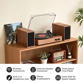 Vinyl Record Player with Dual External Speakers, Vintage 3-Speed Turntable with Stereo Speakers, Bluetooth Playback, Vinyl to MP3 PC Recoding, AUX Input & RCA Output, Walnut Wood