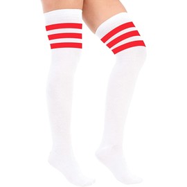 Crazy Chick® Ladies Girls Over the Knee Thigh High Socks - Womens Referee 3 Stripes Cotton Casual Boot Stockings - Long Cheerleader Socks for Daily Wear Sports Cosplay (White with Red)