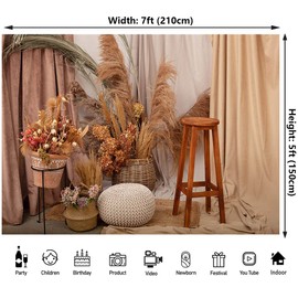 7x5ft Boho Pampas Grass Flower Photography Backdrops for Wedding Decor Maternity Pregnant Portrait Photoshoot Backdrop Studio Photography Props
