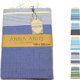 ANNA ANIQ Hammam Towel Fouta Sauna Towel XXL Extra Large 197 x 100 cm - 100% Cotton from Tunisia as Beach Towel, Oriental Bath Towel, Picnic, Yoga, Scarf, Peshtemal, Beach Towel (Blue)