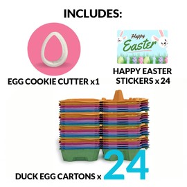 24 Pack of 6 count Colored Duck Egg Cartons, XL colorful egg tray for Easter gifts gifts or Easter Crafts, 6 Colors, 24 Happy Easter Stickers, one egg cookie cutter. The Cookie Countess.
