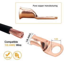 90° Pure Copper Cable Lugs 10pcs 1/0 AWG-5/16 90 Degree Bent Battery Lugs,Heavy Duty Copper Wire Lugs,Ring Terminal,0 Guage terminals,Battery Cable Ends/Terminal Connectors + 10pcs 3:1 Heat Shrinks