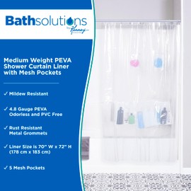 Kenney KN61447 Medium Weight 5 Gauge Waterproof PEVA Shower Curtain Liner with 5 Mesh Storage Pockets and Rust-Resistant Metal Grommets for Bathroom, 70" W x 72" H, Clear