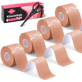 80 Strips Kinesiology Tape, 4 Rolls Precut Athletic Tape Elastic Waterproof Sports Tape 2 Inch x 16 Feet Body Tape with Scissors for Joint Support Muscle (Beige)