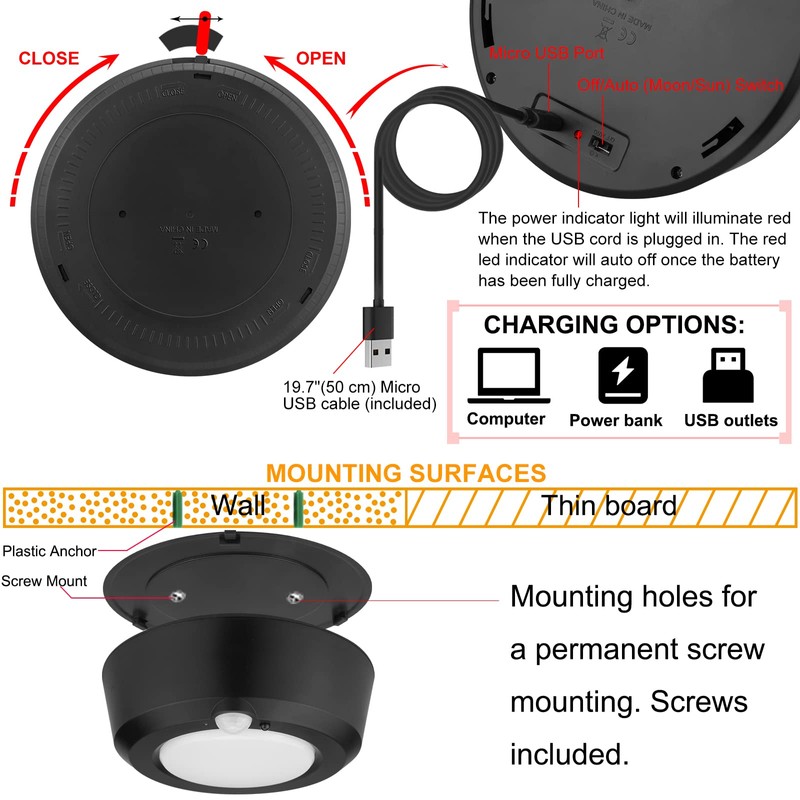 BIGMONAT Wireless Ceiling Light USB Rechargeable, Motion Sensor Shower Light