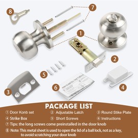 RAZCC Privacy Door Knobs, 2 Pack Satin Nickel Door Knobs with Lock, Bed and Bath Door Knob Interior Keyless Locksets, Round Door Handles Reversible for Left Right Handed Doors