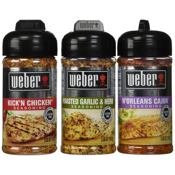 Weber All Natural Seasoning Blend 3 Flavor Variety Bundle: N'Orleans Cajun, Roasted Garlic Herb, and Kick'N Chicken, 5-5.5 Ounce