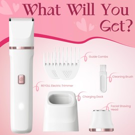 Pubic Hair Trimmer Women - 2-in-1 Electric Bikini Shaver & Facial Hair Remover, Waterproof Body Groomer with Ceramic Blades, USB Fast Charging Dock, Cordless Razor for Women's Sensitive Skin (White)