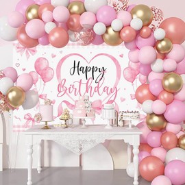 Mocsicka Pink Bow Happy Birthday Banner Backdrop for Coquette Birthday Decorations, Coquette Bachelorette Party Decorations for Girls Women Photography Backgrounds Bachelorette Supply