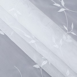 HeichkelL Voile Net Curtain Leaf Embroidery Bistro Curtain Country House Style Short Curtains for Kitchen Embroidered Short Curtain Rod Holes White H x W 45 x 120 cm