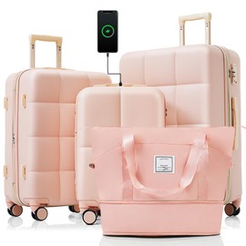 Merax 4 Piece Luggage Set, 20” with USB Port, Expandable ABS Durable Suitcase with Travel Bag, Cup Holder, ABS Hard Shell Luggage with Spinner Wheels, Pink