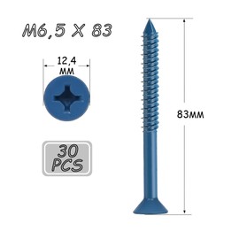 DAYALO Concrete Screws Countersunk Head with Phillips M6.5 x 83, Pack of 30 Concrete Screws Galvanised with Drill and Screwdriver Bit for Masonry, Concrete, Architecture, Industry (Blue)