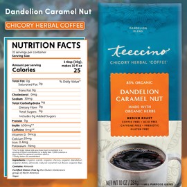 Teeccino Dandelion Caramel Nut Herbal Coffee - Caffeine-Free Coffee Alternative with Prebiotics, Gluten Free, Acid Free - Medium Roast, 10 oz