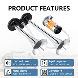 Train Horn for Car, Loud Car horn, BANHAO 12V Super Loud Dual Trumpet Truck Air Horn with Compressor for Any Vehicles Truck Car Motorcycle Ship Boat Chrome with Relay and Button