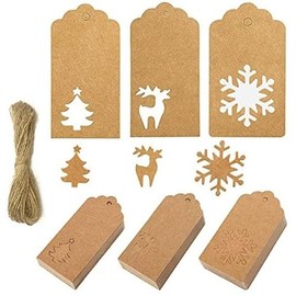 100pcs Gift Tags with Jute String, Christmas Brown Gift Tags with Hollow Snowflake, Christmas Tree, Elk, Xmas Kraft Paper for DIY Crafts, Christmas Presents, Wedding, Christmas Tree, Holiday