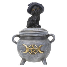 Pacific Giftware Black Cat with Witch Hat Sitting on Cauldron Box, Polyresin Jewelry or Coin Holder, 3.93 Inches x 3.14 Inches x 5.5 Inches