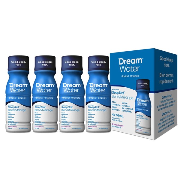 Dream Water Sleep Aid Drink - Snoozeberry Flavour Sleep Aid Supplement - Blend of 3 Ingredients, Melatonin, GABA & 5-HTP - 74ml Per Bottle (4 Count)