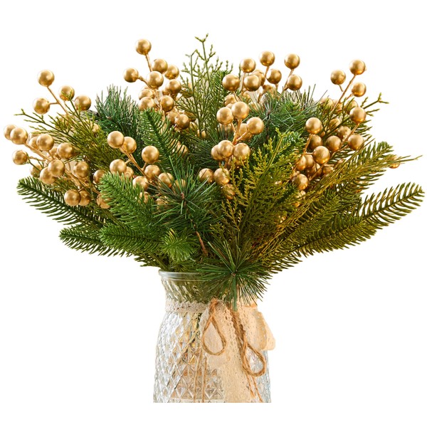 NUKAYAI 60Pcs Artificial Pine Branches Christmas Holly Berry Stem Gold