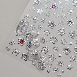 Star Nail Art Stickers Decals 5D Embossed Glitter Silvery Hollow Star Nail Decals Colorful Stars Rhinestone Design Self-Adhesive Nails Sutickers for Women Girls DIY Manicure Decorations