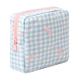 Dalulu Small Cotton Makeup Bag for Purse Cosmetic Bag with Compartments, Aesthetic Travel Toiletry Pouch Key Pocket Lipstick Card Holder Organizer Sanitary Napkin Storage Bag (Plaid bow blue)