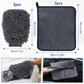 YSWOVUO 5 Piece Car Care Set with 3 Microfibre Cloths Car & 2 Microfibre Car Wash Mitts 600 GSM Car Drying Cloth Extra Absorbent 100% Scratch-Free & Gentle for Car Polishing (40 x 30 cm)