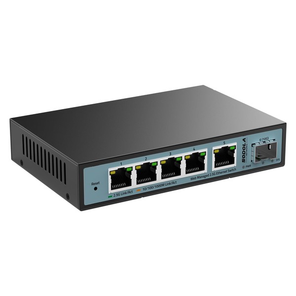 SODOLA 6 Port 2.5G Smart Web Ethernet Switch, 1 10G SFP and 5 x 2.5G Base-T Ports, Supports Static Aggregation/QoS/VLAN/IGMP, Metal Fanless Managed Multi-Gigabit Switch