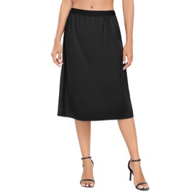 Vlazom Women's Half Slips, Satin Silky Long underskirts for dresses Lace Hem Soft Petticoat for Under Dresses Black,M