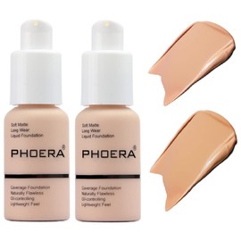 PHOERA Foundation,Flawless Soft Matte Liquid Foundation 24 HR Oil Control Concealer Foundation Makeup,Full Coverage Foundation for Women and Girls (103 Warm peach+104 Buff Beige)