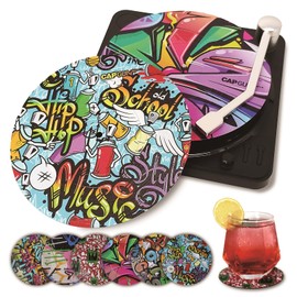 Graffiti Retro Vinyl Record Coasters, Creative & Colorful Drink Coasters with Vinyl Record Player Holder for Music Lovers, Housewarming Hostess Gifts, Birthday and White Elephant Gifts Ideas