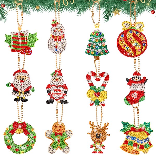 NQEUEPN 12pcs Christmas Diamond Artistic Painting Keychains, Colorful DIY Christmas Diamond Aesthetic Painting Santa Claus, Wreath, Xmas Tree Hanging Ornaments for Kids