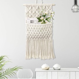Laurraine Macrame Wall Hanging Wall Decor Chic Handmade Cotton Woven Bohemian Home Decor Magazine Storage Organizer Tapestry Bag Boho Wall Decor for Where