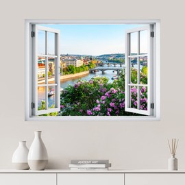 SIGNWIN Removable Wall Sticker/Wall Mural Window View Italian Flower Field Cityscape Nature Wilderness Photography Realism Decorative Landscape Digital Art for Living Room, Bedroom, Office - 36"x48"