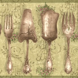 CONCORD WALLCOVERINGS ™ Wallpaper Border Vintage Pattern Kitchen Tableware Silver Spoons Forks for Kitchen Dining Area Cottage Farmhouse, Green Gray, 15 ft by 5 in KH5982B