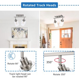 MELUCEE 2 Light Rotatable Track Lighting Kit Spotlight Semi Flush Mount Ceiling Light, Brushed Nickel Bathroom Lights Wall Scone for Hallway Porch Foyer Bath Storage, Clear Glass Shade