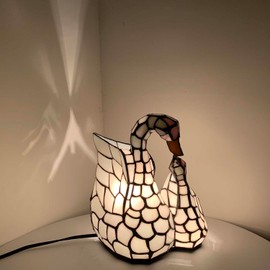 Bieye L10773 White Swans Tiffany Style Stained Glass Accent Table Lamp Night Light for Bedside Living Room Office Bedroom Animal Pet Lover, 11 inches Tall, White