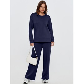 Glamaker Womens Sweatsuits 2 Piece Set Crewneck Sweatshirts Wide Leg Pants Matching Sets Fall Winter Sweatsuit Tracksuits Outfits Navy blue L