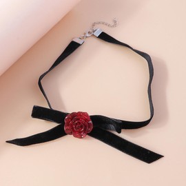 Zeshimb Gothic Black Velvet Choker Necklace Classic Red Rose Flower Choker 3D Resin Floral Collar Necklace Vintage Bow Flower Velvet Ribbon Choker Chain Necklace Cosplay Jewelry for Women