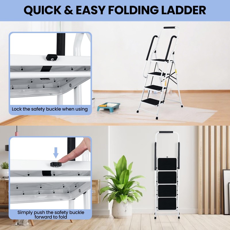 Step Ladder 4 Step Folding with Handrails, Folding Step Stool