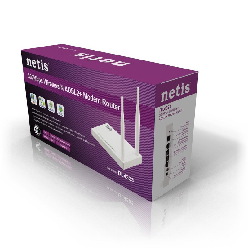 Netis DL4323 N300Mbps Wireless ADSL2+ Modem Router, 2.4Ghz, 802.11b/g/n, Dual