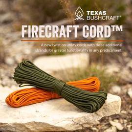 Texas Bushcraft Firecraft Cord - Utility Paracord Survival Rope, Parachute Cord for Survival Gear – 3 Extra Strands for Emergency Preparedness Fishing, Sewing and Tinder (Army Green, 25 ft)