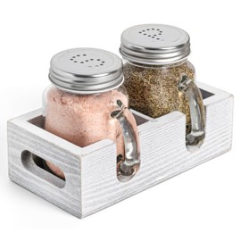 Mason Jar Salt and Pepper Shakers - Glass Shaker Set with Wood Holder Caddy, Easy to Clean & Refill for Farmhouse Kitchen Table, Home and Gifts (White)