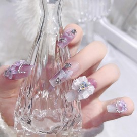 Handmade Press on Nails Medium Coffin Fake Nails with 3D Bow Flower Pearl Charm Designs Purple Gradient Nails Press ons Glossy Glue on Nails White Acrylic Nails Cute Stick on Nails for Women 24Pcs