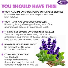 FreshDrinkUS, Premium 75 Tea Bags Lavender Mint Tea, 100% Natural, Blend of Lavender, Peppermint, Sage and Licorice. Made with Natural Material Tea Bags. No Sugar, No Caffeine, Vegan.