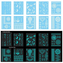 BUXIUGAN Blue Glow in the Dark Temporary Tattoos Indian Lace for Woman Girls Hand Arm Body Art, Luminous Flower Temporary Tattoo Stickers Moon Star Butterfly Glitter Neon Face Paint, 10 Sheets