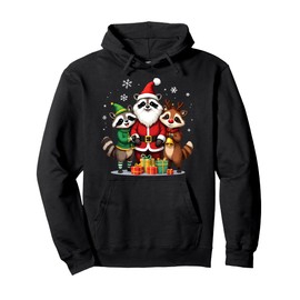 Cute Christmas Raccoons in Santa Elf and Reindeer Costumes Pullover Hoodie