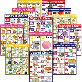 13 English Phonics Poster Language Arts Charts for Kids Toddler Learning Vowels Posters for Kindergarten, Preschool, Primary School Alphabet Bulletin Board Set Classroom Wall Decoration (16 x 11 Inch)