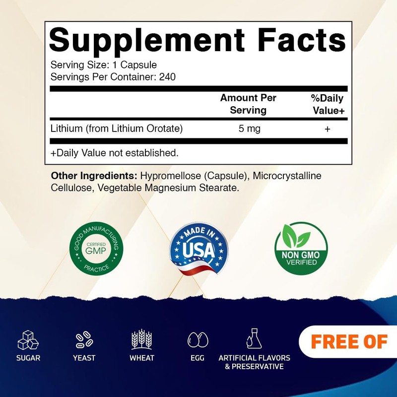 Vitamatic Lithium Orotate 5mg, 240 Veggie Capsules, Non-GMO, Gluten Free.